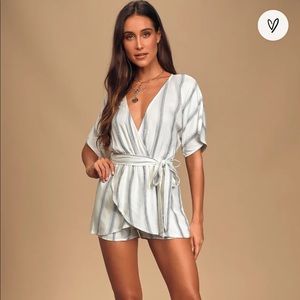 Lulus Climb Aboard Grey and White Striped Romper